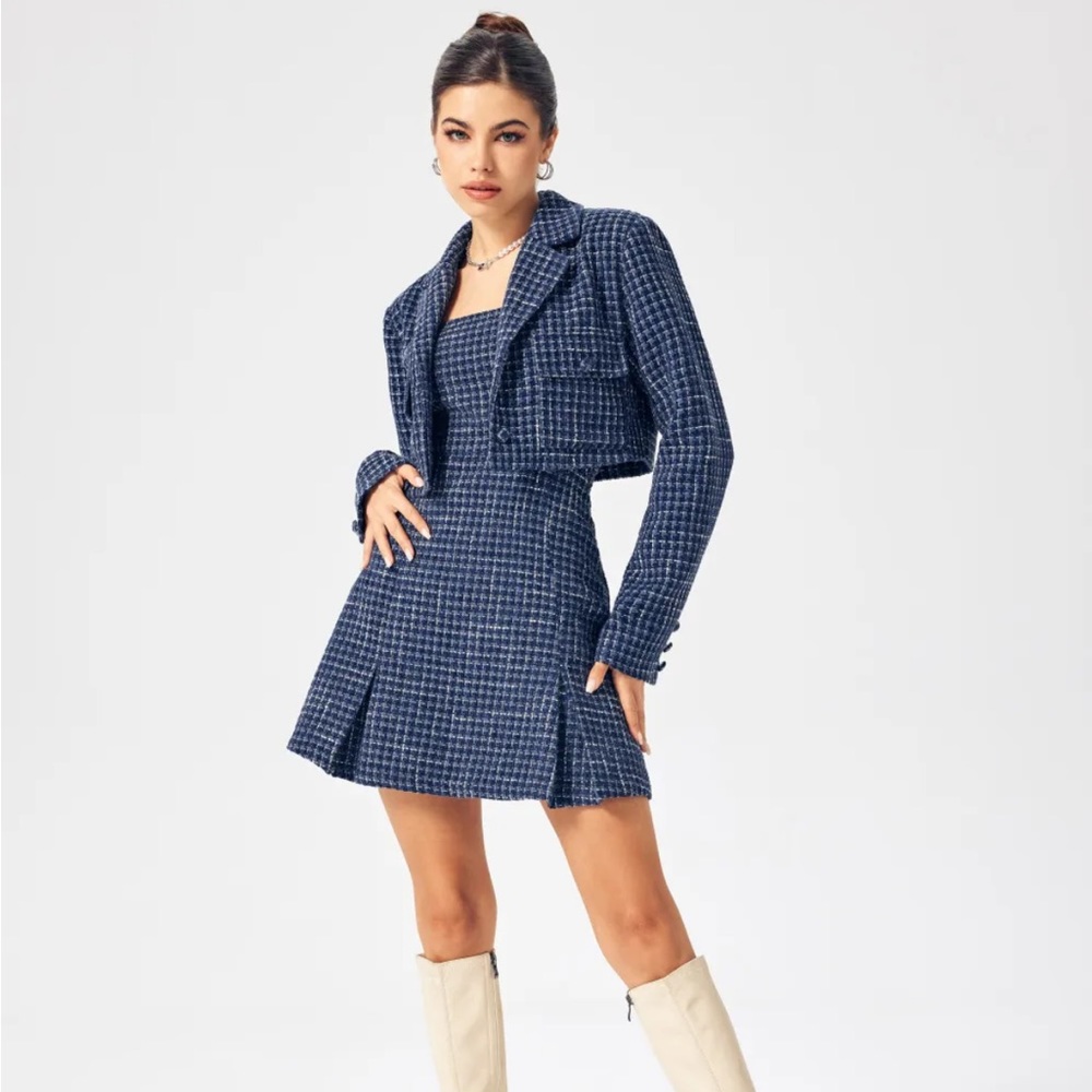navy blue tweed dress and blazer set